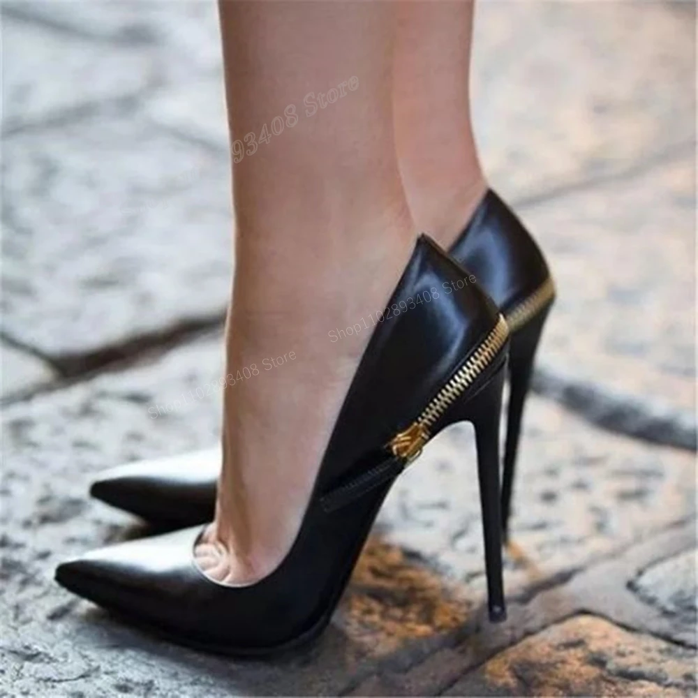 Preto zíper design bombas rasas apontou toe stiletto salto alto pular na moda sexy sapatos femininos 2024 novos zapatos para mujere