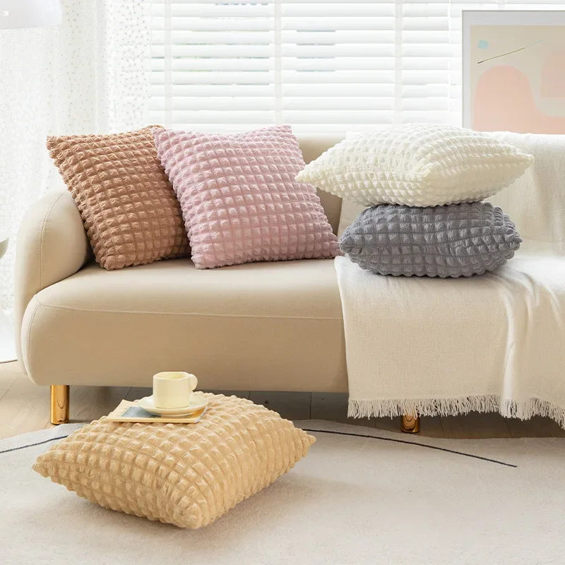 Cotton Hug Pillowcase 45*45CM Ins Style Solid Color Elastic Puff Plaid Sofa Cushion Home Decor Simple Cream Pink Pillow Cover