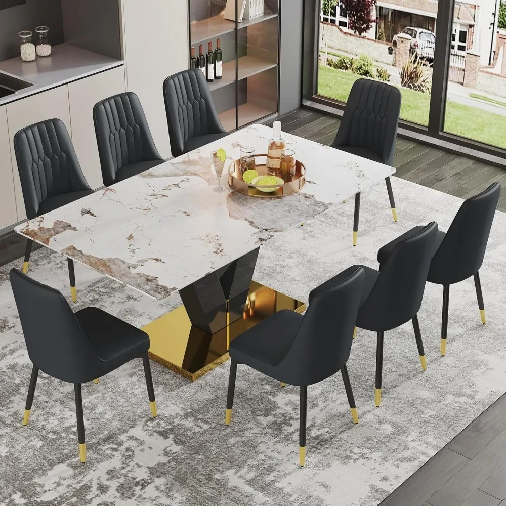 

71'' Dining Table Set for 8, Modern Kitchen Table with 8 PU Leather Chairs, Marble Dining Table Set