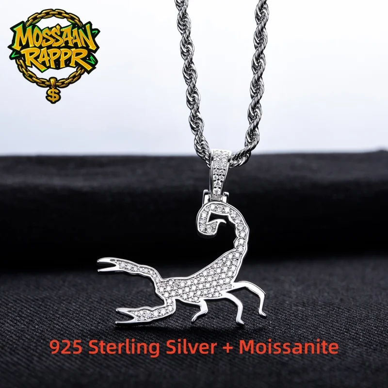 MossanRappr D Color Full Moissanite Diamond Scorpion Pendant for Men & Women Iced out Hip Hop Necklace Street Style Fine Jewelry