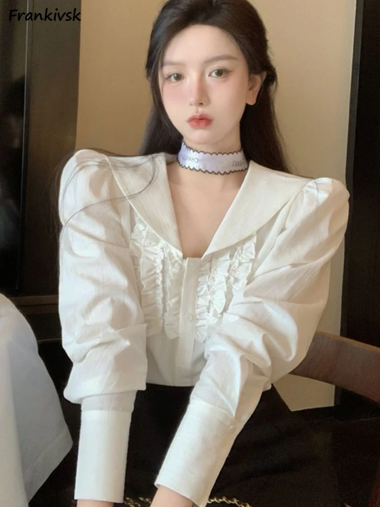 

Puff Sleeve Women Shirt Fashion Students Clothing All-match Sailor Collar Solid Spring Lovely Leisure Korean Style Elegant Daily