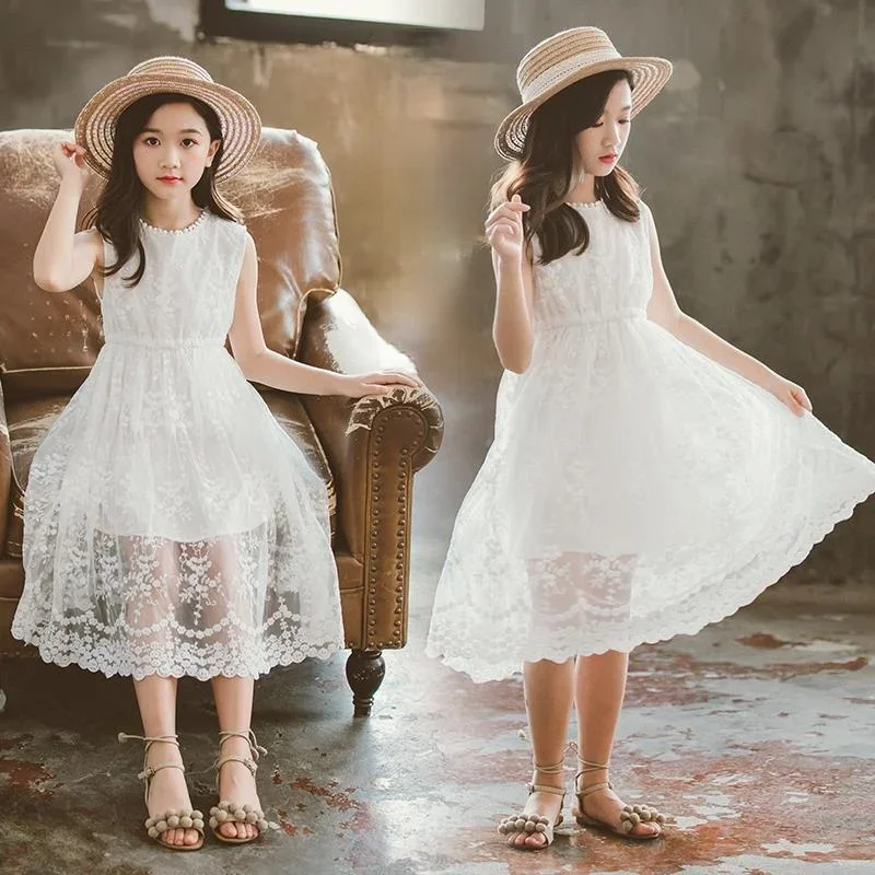 2024 Dress Girl Summer 2 6 8 10 To 12 Years Old Childrens Party Lace Princess Dresses for School Casual White Dress Kids Clothes