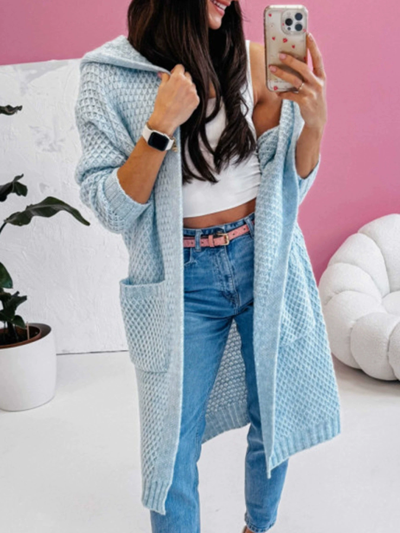 

Осенне-зимний новый свободный, элегантный, модный вязаный кардиган в европейском и американском стиле с длинным карманом и капюшоном