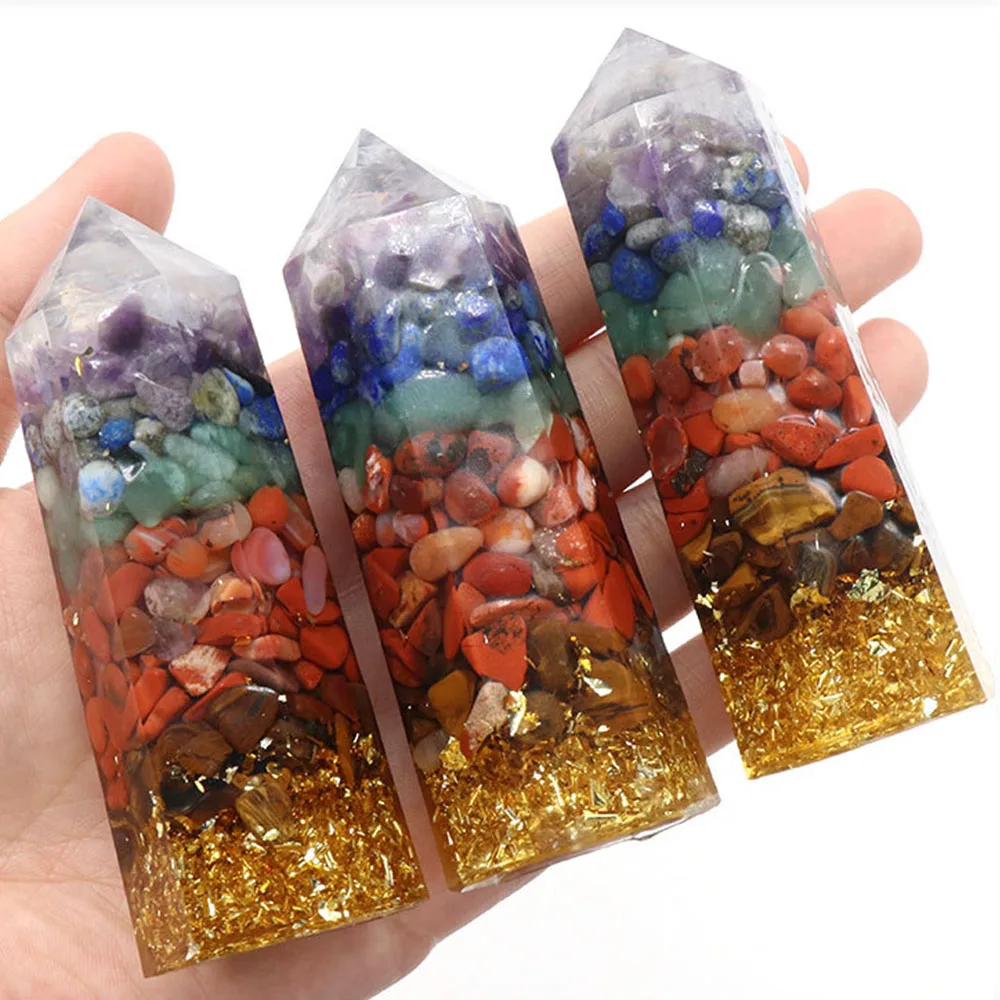 

7 Chakra Chip Stone Healing Crystal Points Wands Reiki Healing Crystals Resin Hexagonal Yoga Meditation Ornament Home Decoration