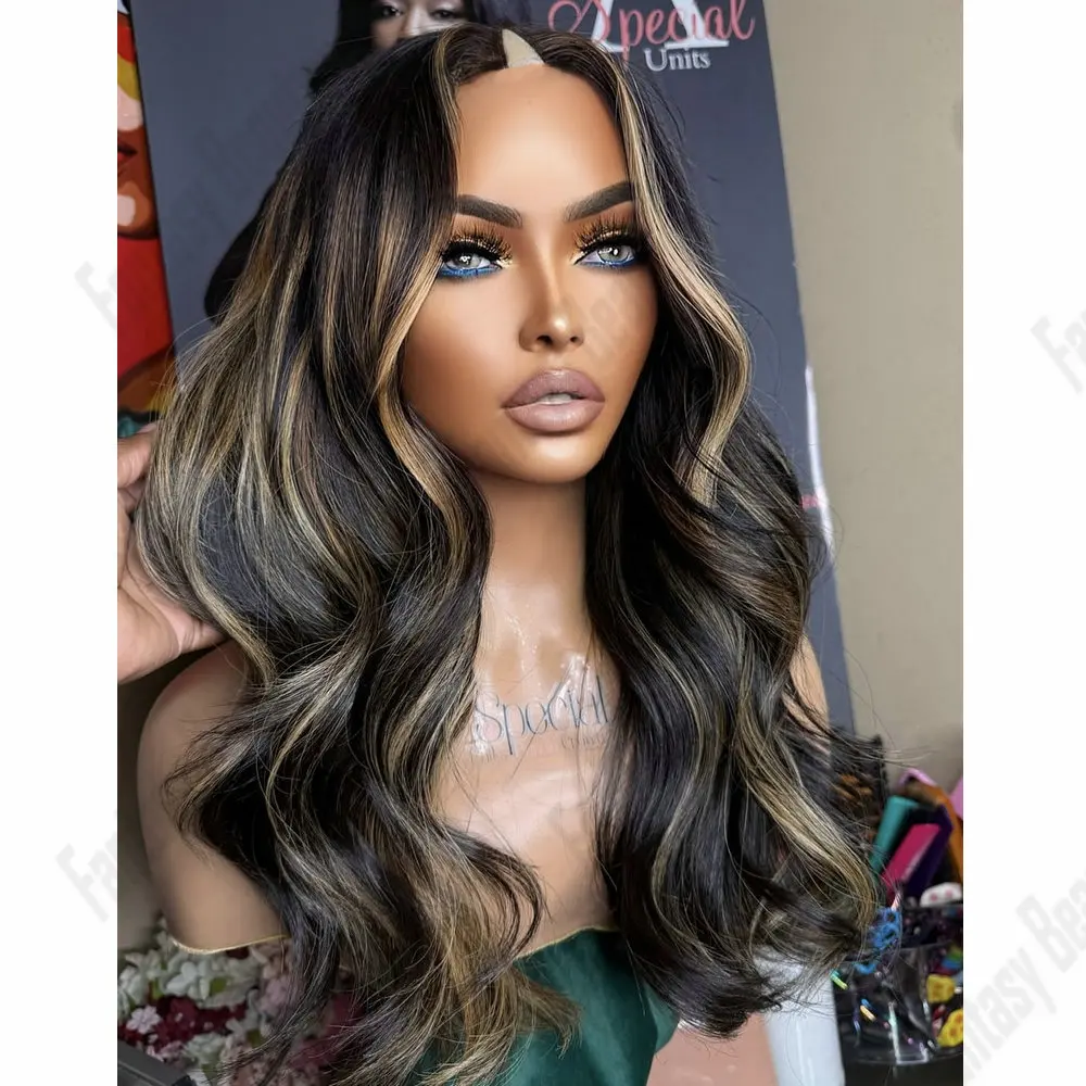 

180Density Brazilian Hair Wigs Honey Blonde Hightlight 1x4 Size V Part Wig Human Hair With Clips Adjustable For Woman U Part Wig