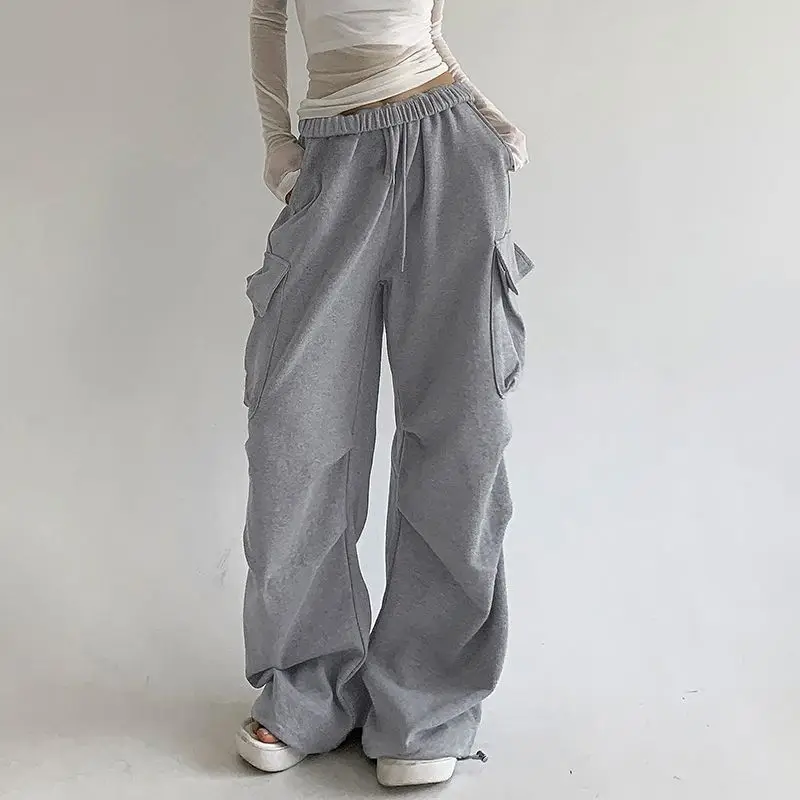 Deeptown Oversized Grey Cargo Sweatpants Women Korean Fashion Casual Baggy Pants Sports High Waist Basic Wide Leg Trousers