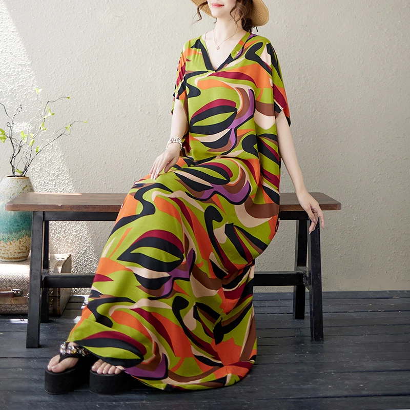 Damen V-Ausschnitt Blumendruck Schlankheitskünstlerisch Retro Vaion Long Dr Ultralange Robe Batwing Sves Bequeme weiche Baumwolle