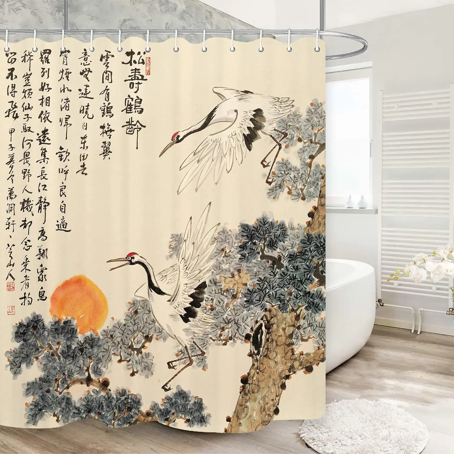 

Asian Shower Curtain Traditional Chinese Pine Trees and Crane Flying Landscape Decor Art Prints Bathroom Shower Curtain with
