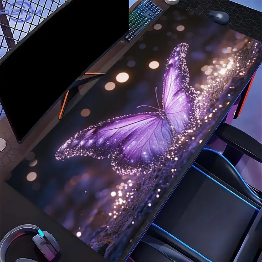 Glitter Galaxy Butterfly Desk Surface Purple Aesthetic Gaming Area Non Slip Rubber Extended Keyboard Office Workstation Platform