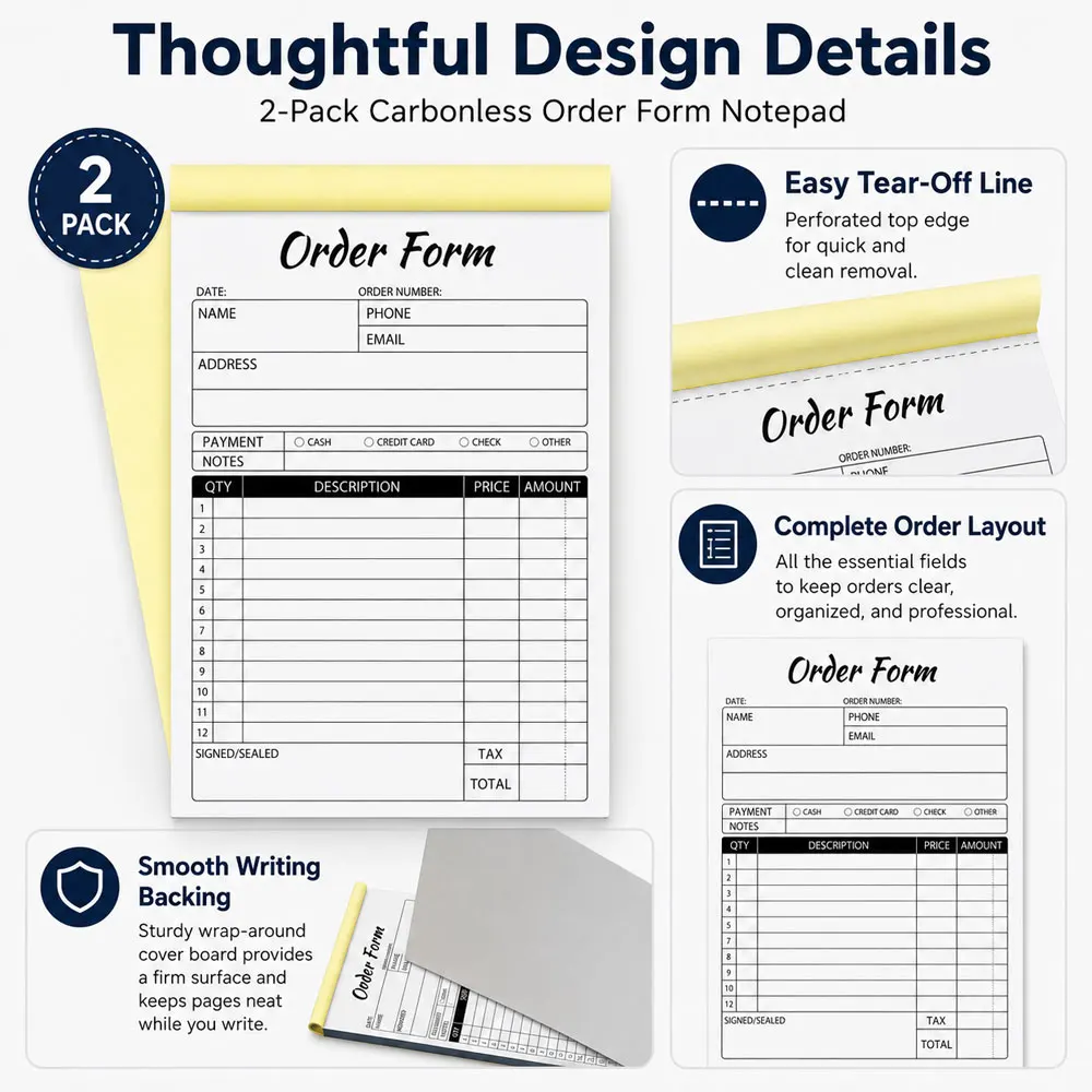 2-Pack Carbonless Order Form Receipt Books, White/Yellow Copy, 5.5x8.3in Tear-Off Pads for Office Retail