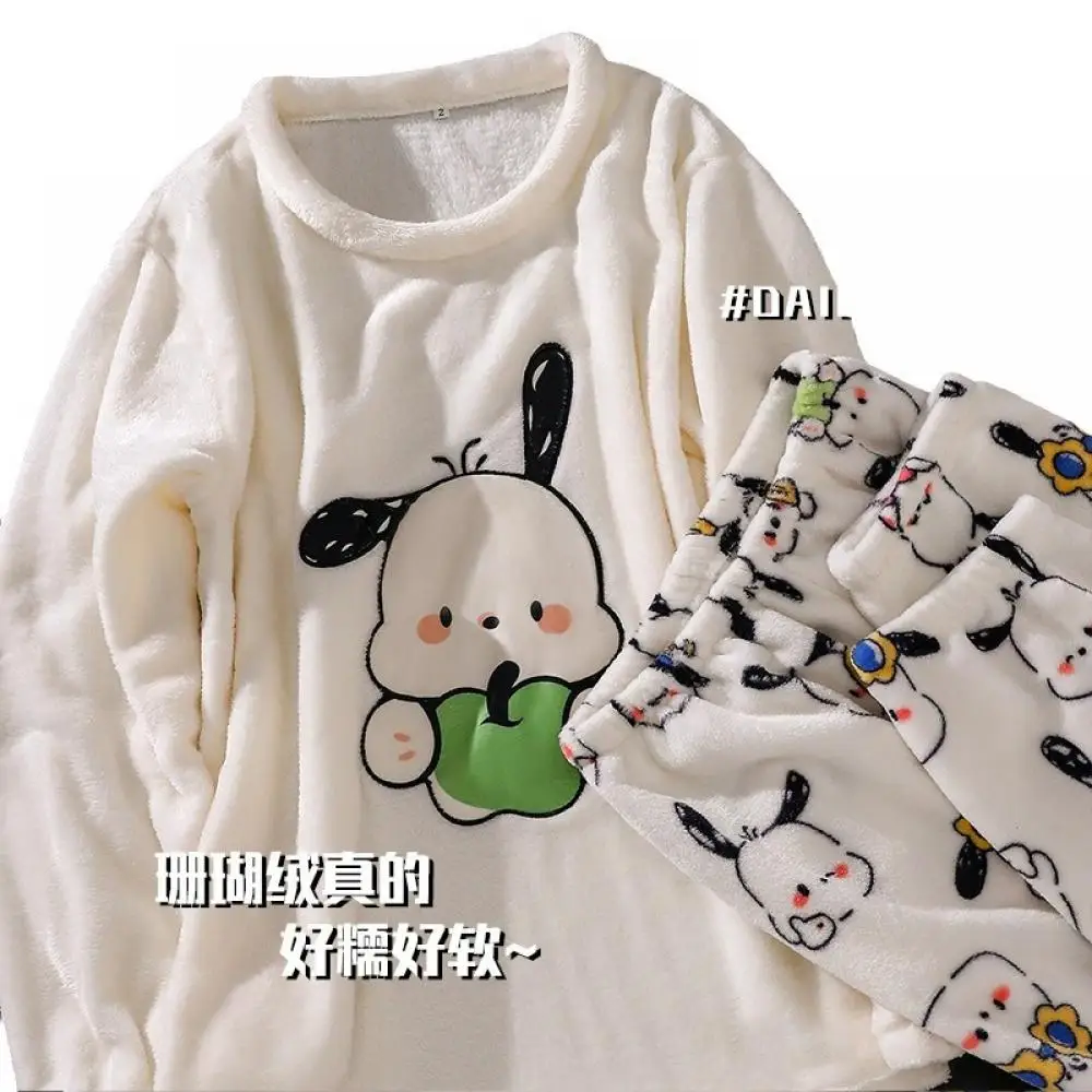 Cartoon Pochacco Korallen Fleece Pyjamas Set Sanrioed Anime Kawaii Frühling Frauen Plüsch Homewear Nette Mädchen Student Lose Warme Kleidung