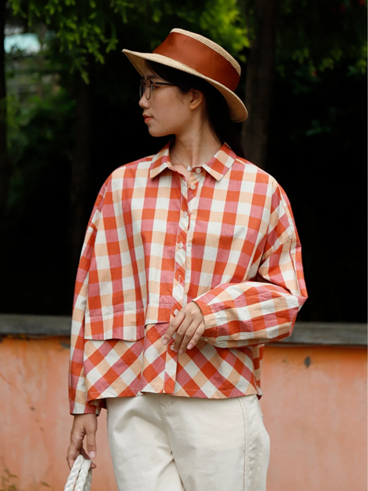 

Red Plaid Linen Long Sve irt Women's Loose Artistic Sle Commute Faion Spring New Arrival YW05C99 Cheered irt