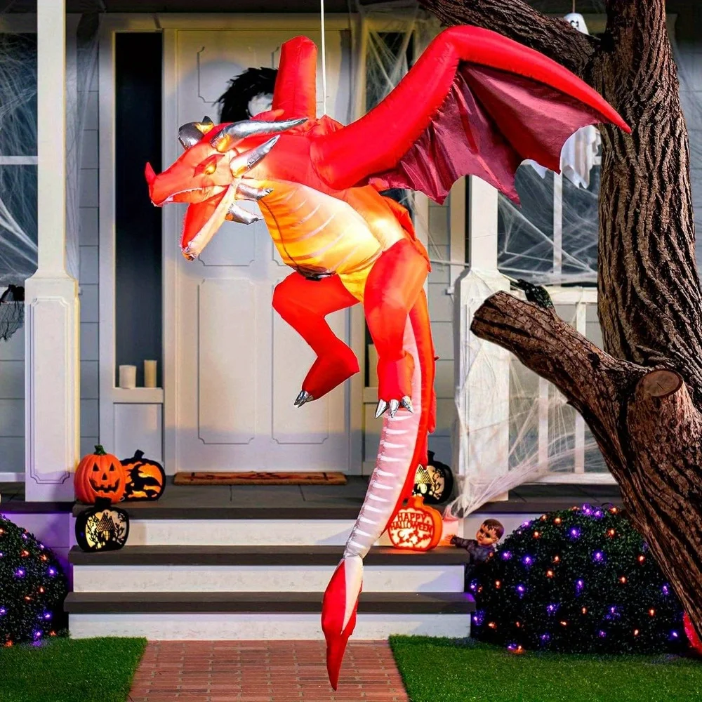 5 FT Tall Halloween Inflatable Hanging Fire Dragon Decor with Build-in LEDs Inf…