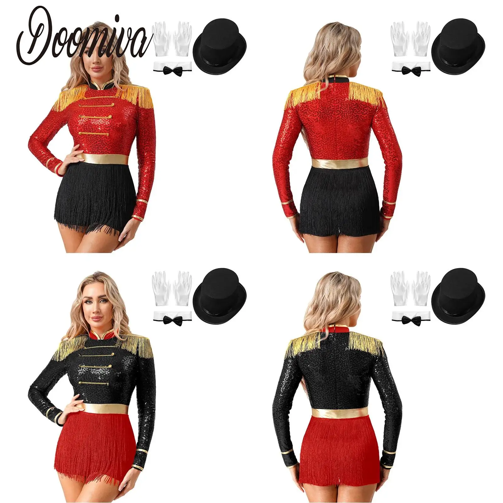 

Women Circus Ringmaster Magician Costume for Halloween Carnival Party Fringe Epaulets Tiered Leotards with Hat Bowtie Gloves