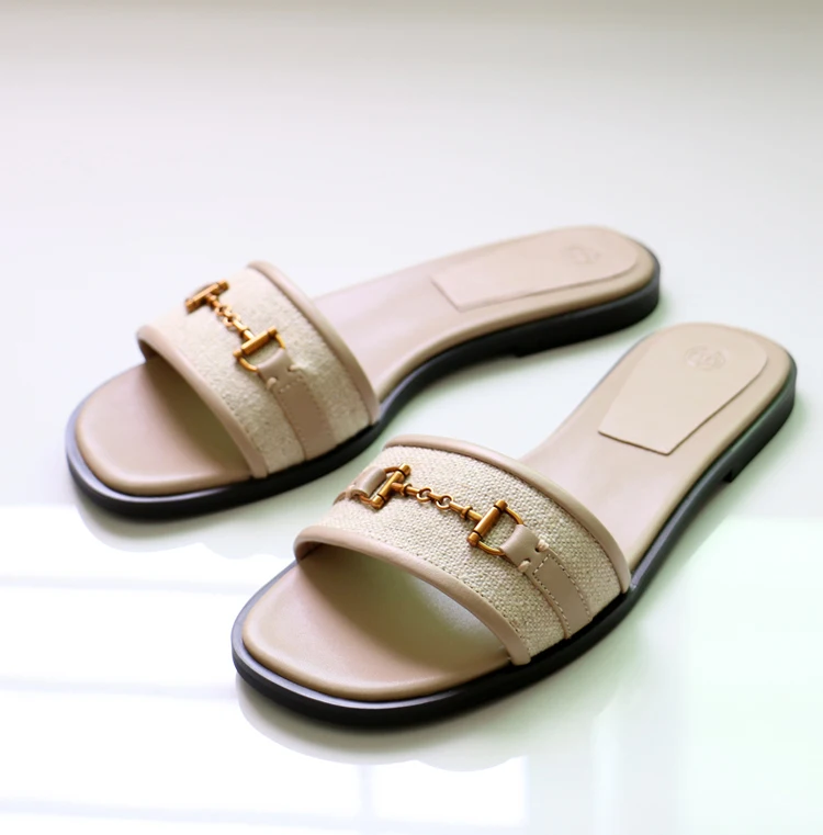 2024 New Women Genuine Leather Shoes Fashion Leather One Word Drag Flat Shoes Casual Versatile Sandals Slippers Female Chic