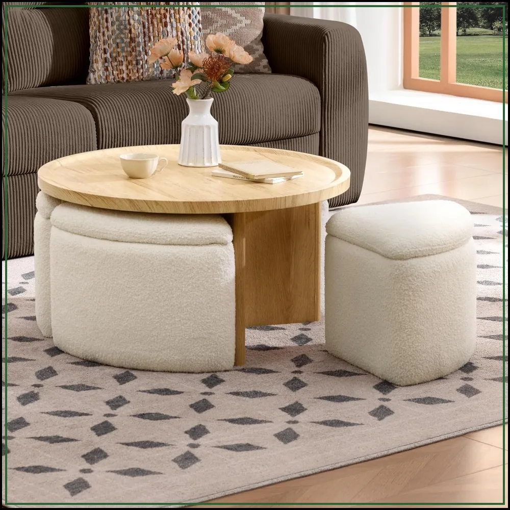 Round Coffee Table with 4 Storage Ottomans Underneath, Square Stools for Living Room