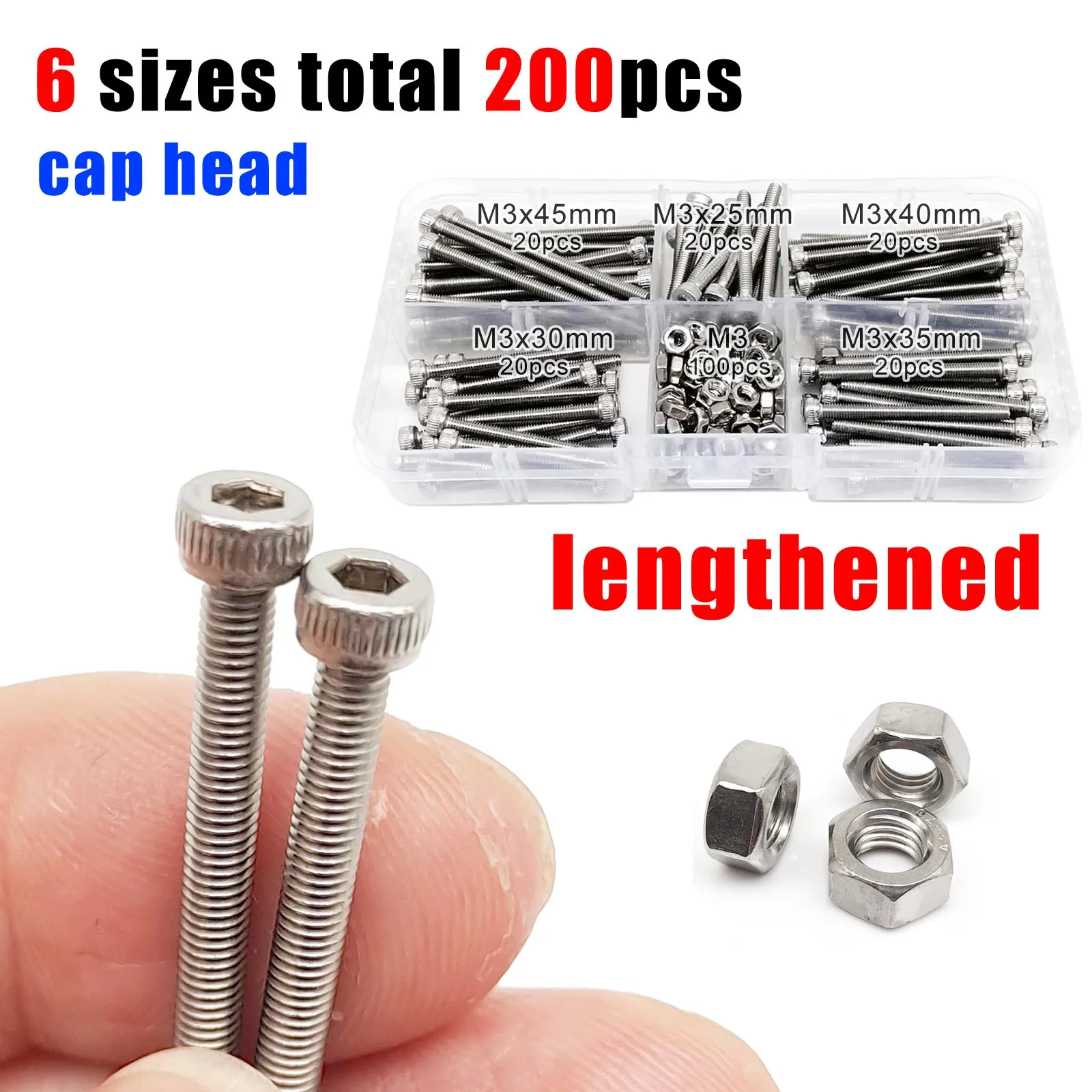 200pcs/box Long M3 Allen Hexagon Hex Socket Head Cap Button Countersunk Flat Thin Screw Bolt Nut Set Kit 304 A2 Stainless Steel