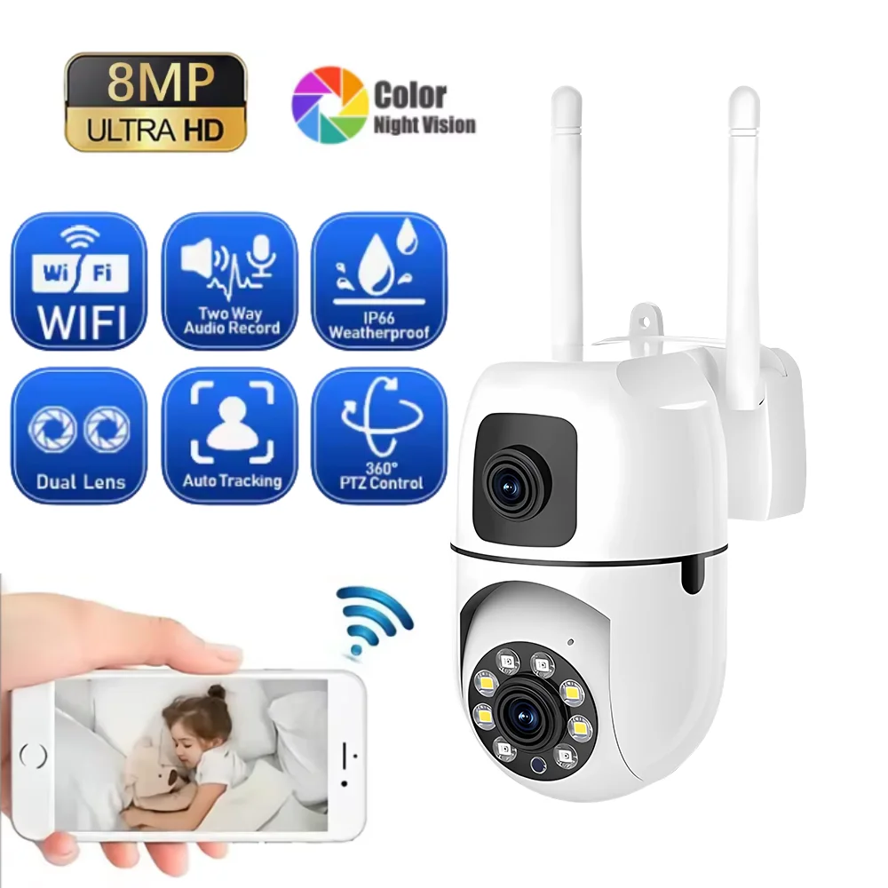 

8-мегапиксельная HD Wi-Fi PTZ-камера для наружного наблюдения с двумя объективами и двойным экраном, IP-камеры с автоматическим отслеживанием, защита безопасности V380, видео видеонаблюдения