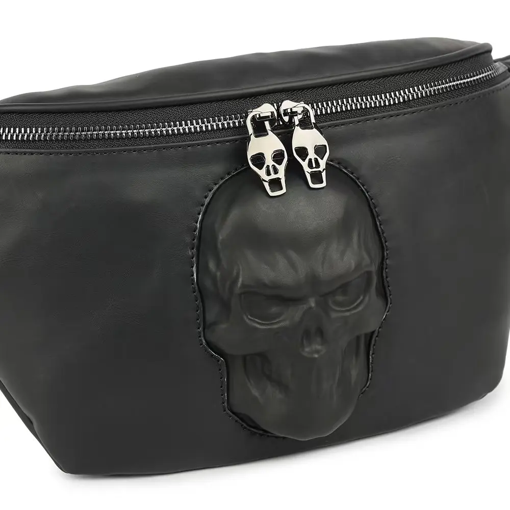 2025 Nuevo bolso con cabeza de calavera negra de Halloween, bolso cruzado para cintura y pecho para hombres * mujeres