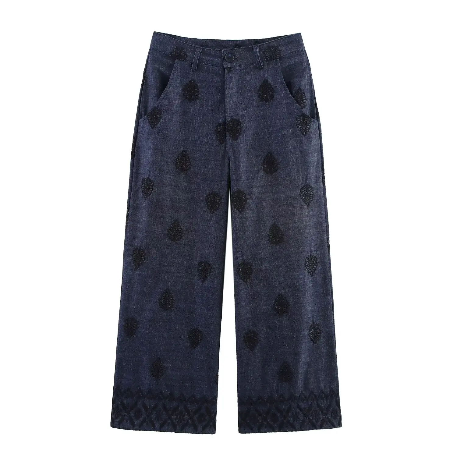 Maxdutti French Minimalist Embroidered Wide Leg Pants Women Summer Cropped Pants Women's Casual Pants Trousers