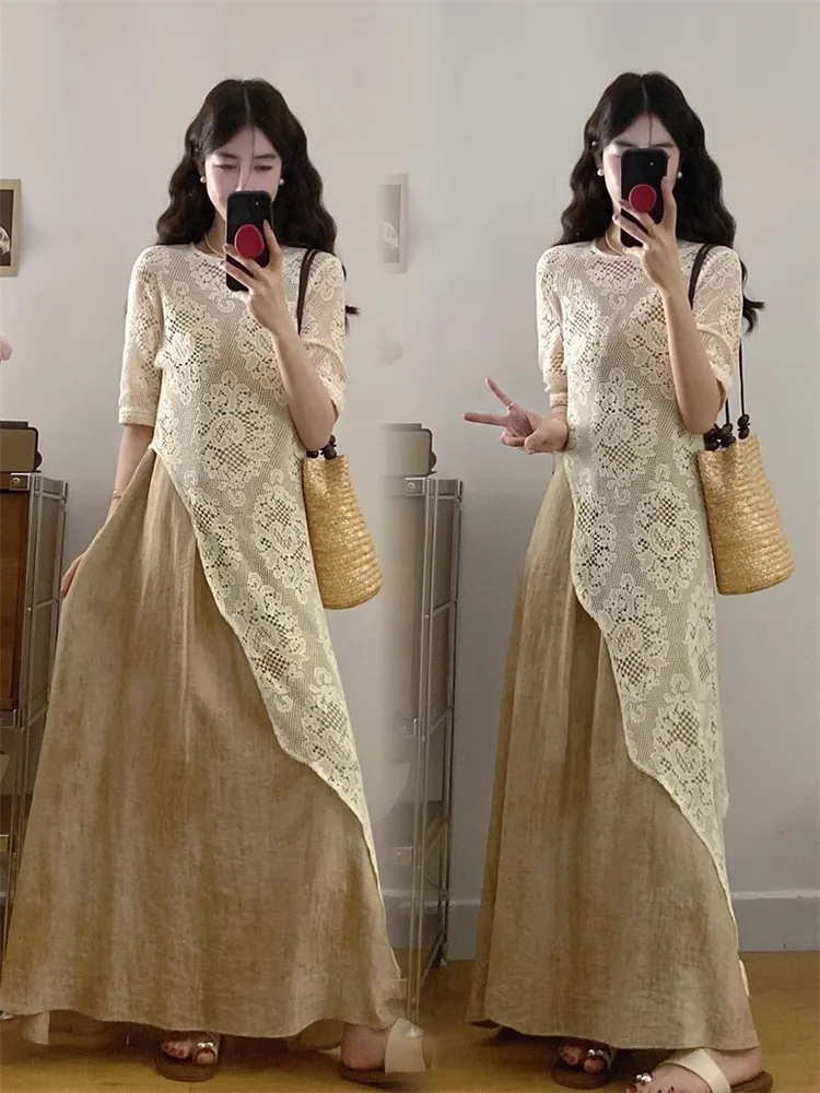 

Летний комплект одежды для женщин больших размеров: кружевное платье-накидка с перекрестными бретелями в корейском стиле, комплект из двух предметов с высокой талией, повседневный наряд для свиданий.