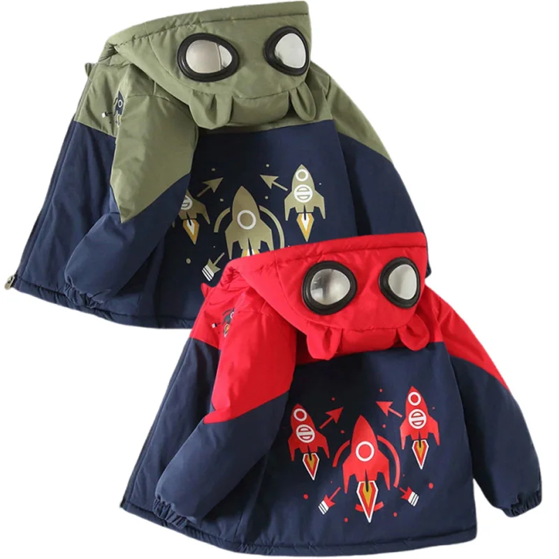 Autumn Winter Baby Boys Thicken Coats Kids Contrast Color Rocket Print Hooded Jacket Children Warm Cotton Windbreaker Outerwear