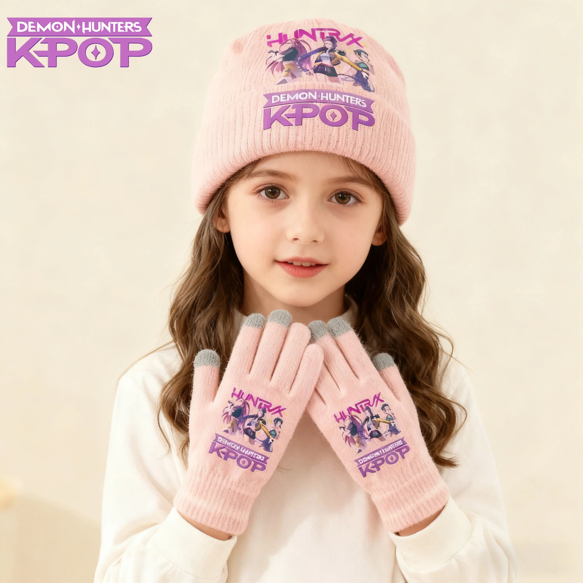 2pcs Kpop Demon Hunters Gloves Knitted Hat Suit for Girls Mira Rumi Zoey Knit Hats Mittens Set Children Winter Warm Suit