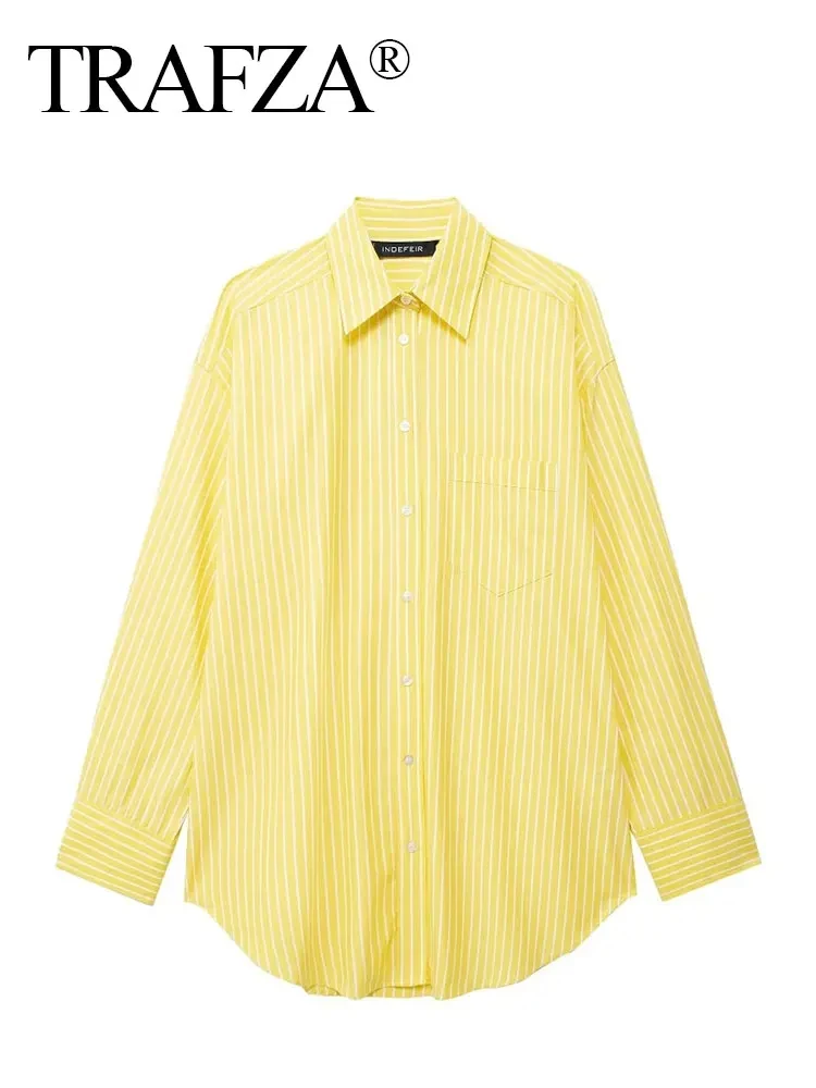 TRAFZA Striped Yellow Blouse For Women Loose Casual Single Breasted Long Sleeve Shirt Fashion Woman High Street Chic Top Blouses