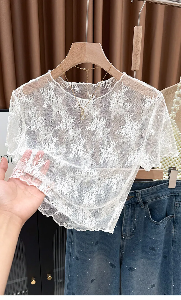 Kurzärmeliges T-Shirt mit Holzohren-Spitzenkante und hohlem Spitzenmuster, Damen-Trägerrock mit Anti-Licht-Effekt, kurzes Oberteil aus Eisseiden-Mesh – Detail 20