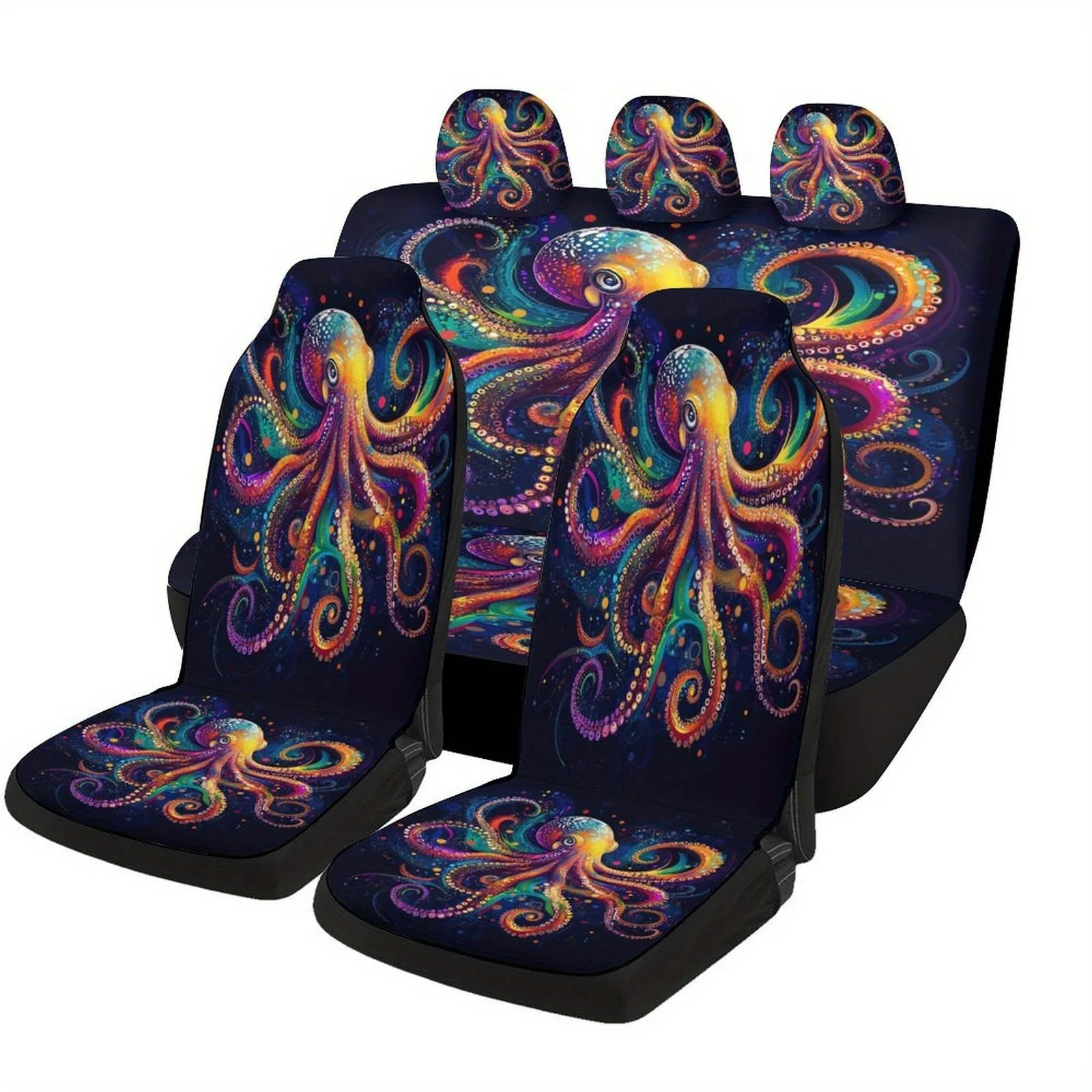 

Vibrant Octopus & Galaxy Car Seat Cover Set - Colorful Polyester, Universal Fit For Most Cars, Machine Washable, Stylish Front &