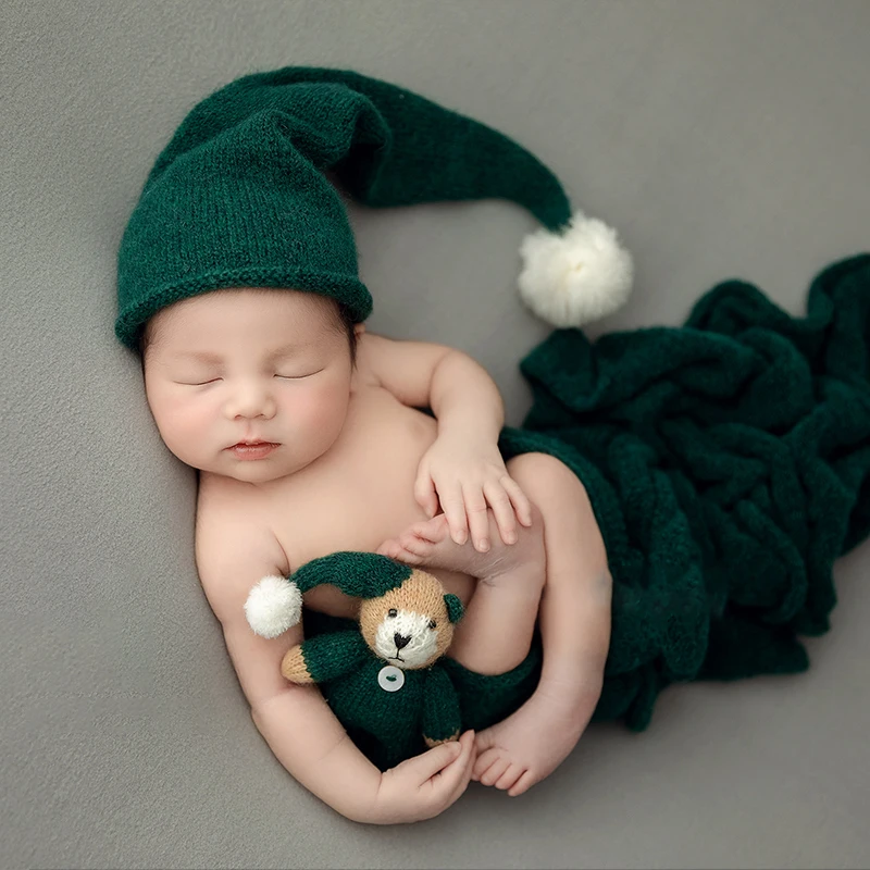 Accesorios de fotografía para recién nacidos, lindo sombrero de bola de felpa + muñeca de oso, juguetes para niñas y niños, utilería de fotografía infantil, accesorios de tiro para bebés