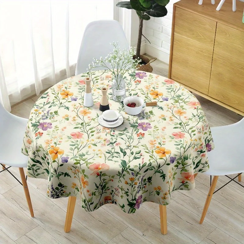 Eine runde Tischdecke mit Frühlings-Aquarell-Blumenmuster – aus Polyestermaterial