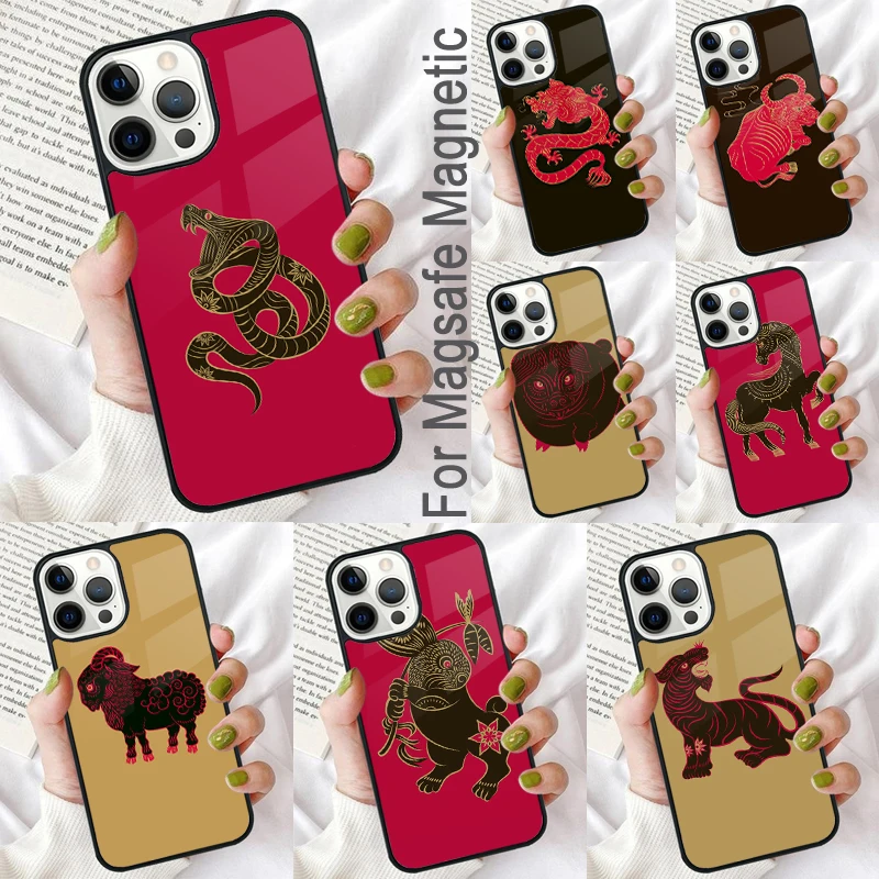 

CHINESE ZODIAC SEAMLESS Magnetic Soft Phone Case for iPhone 16 Promax 15 Pro 13 14 Plus 11 12 Mini MagSafe Coque