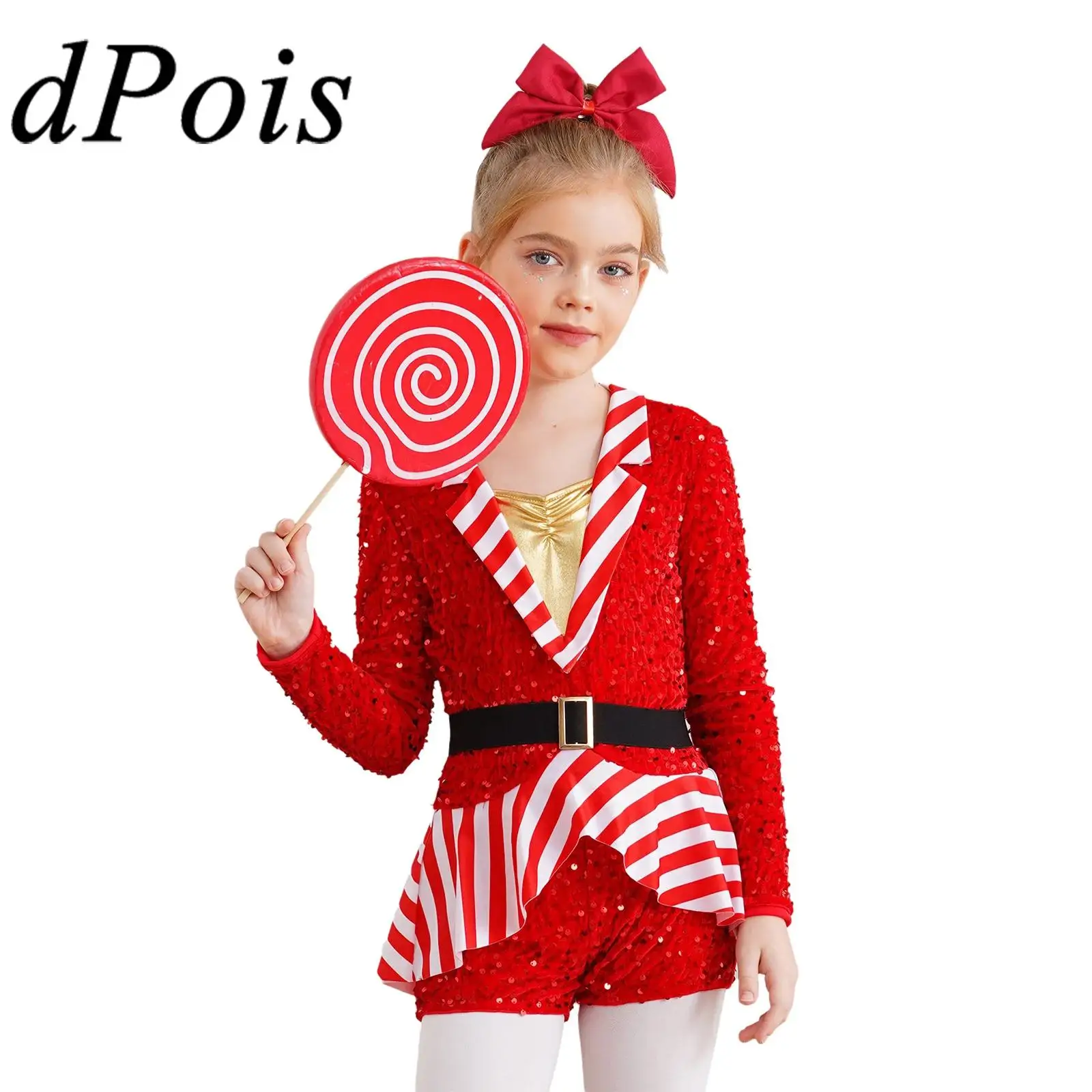 

Girl Christmas Shorty Unitard Outfit Ballet Dance Bodysuit Sequins Stripes Candy Cane Costumes 2025 New Year Xmas Party Wear