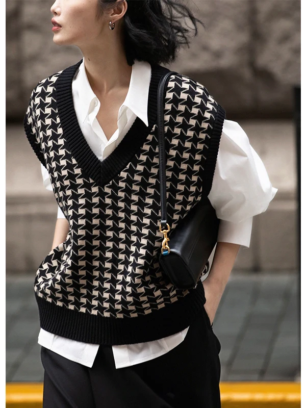 

Autumn New Design Vintage Plaid Wool V-ne Knitted Cardigan Women's Vest Svel Faion Commute Sle Regular Length