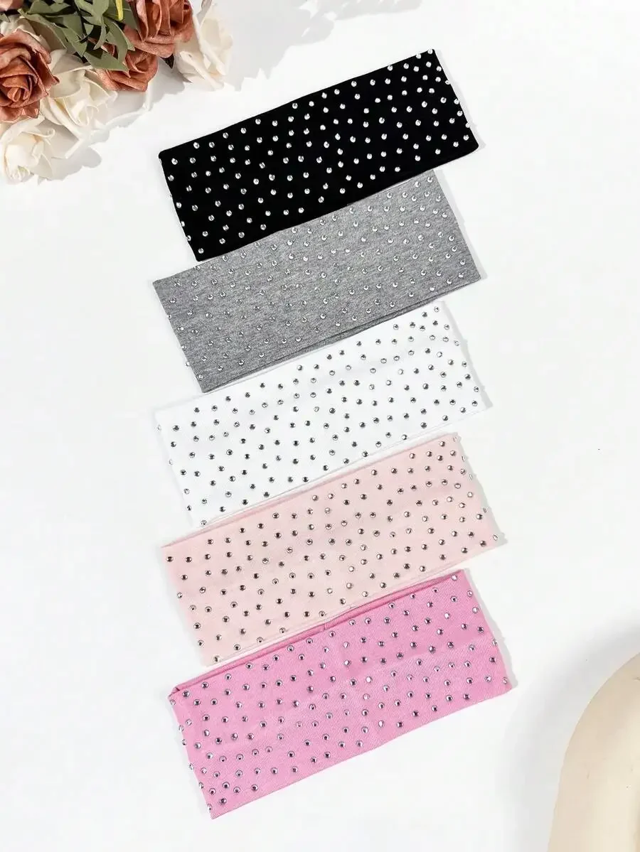 

5pcs Womens Soft Knitted Rhinestone Headbands For Sports Casual Outfit Matching