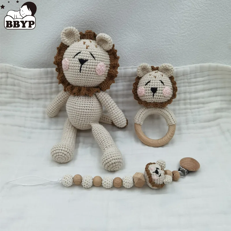 Amigurumi Szydełkowy lew Gryzak dla niemowląt kawaii Wypchana lalka Zwierzę Drewno bukowe Noworodek Gryzak Pierścień Smoczek Klips Pudełko na prezent urodzinowy dla dziecka