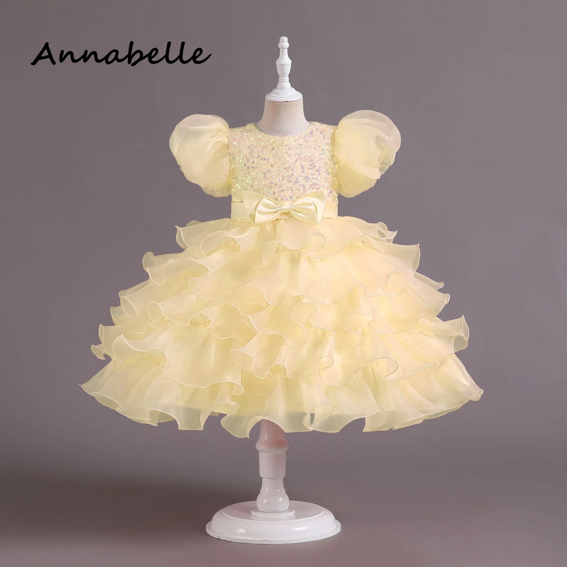 Annabelle-vestido de dama de honor con lazo para niña, vestido de encaje hinchado de lujo para boda, fiesta de cumpleaños, vestidos de princesa de Navidad elegantes