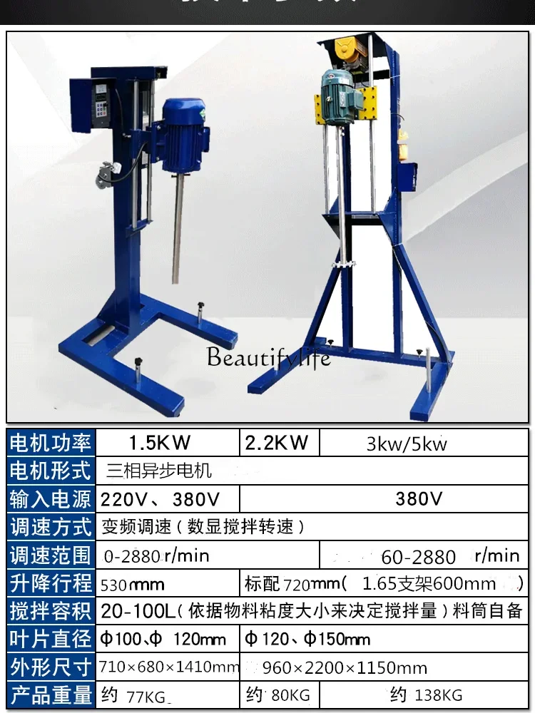 Industrial Dispersion Mixer Variable Frequency Speed Control Electric Lifting Explosion-Proof High Power 3kW Disperser