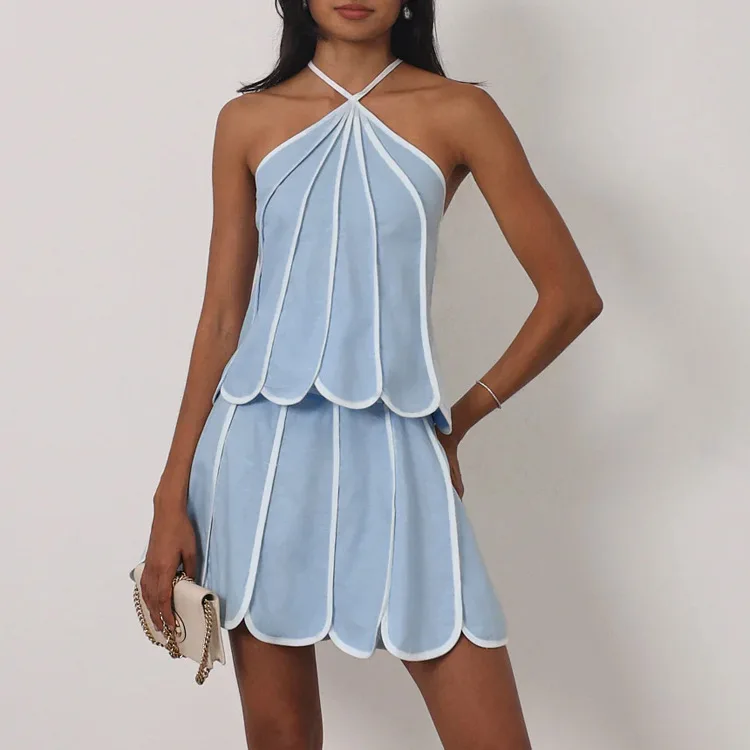 

2026 Fashionable Blue White Contrasting Two-piece Casual Sleeveless Slim Fit Top Paired With High Waisted Pleated Mini Skirt Set