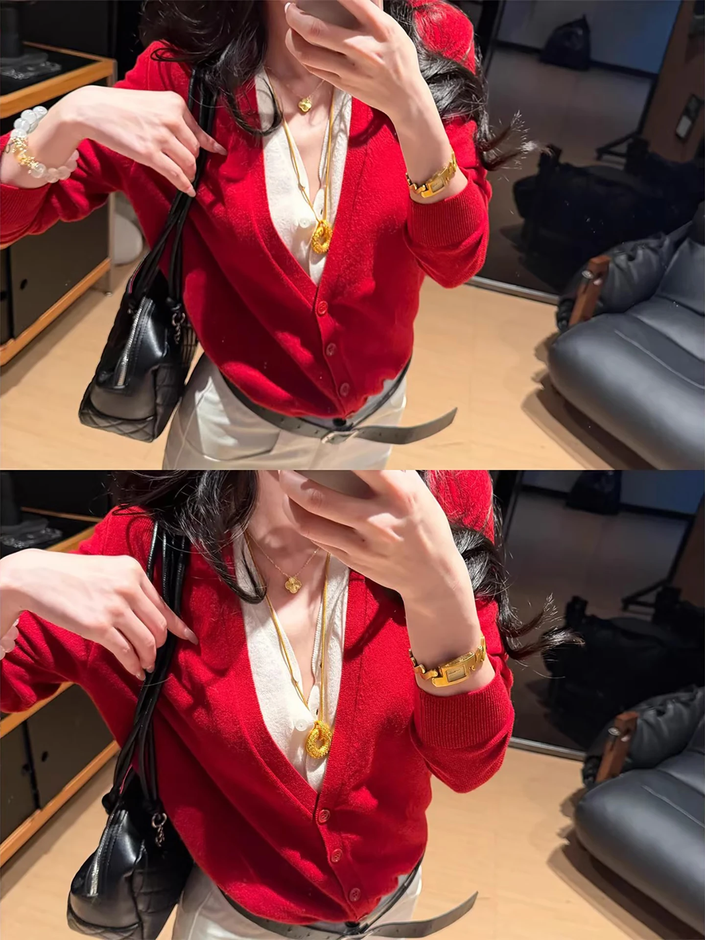 

Красный вязаный кардиган с V-образным вырезом для женщин, весенний, премиум-класса, дизайнерский, для ношения под одеждой, элегантный, укороченный топ в корейском стиле, облегающий, F...