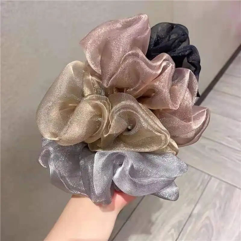 Reflective Mesh Oversized Scrunchies Big Rubber Hair Ties Plain Elastic Hair Bands Girl Ponytail Holder Women Hair Accessories view 3