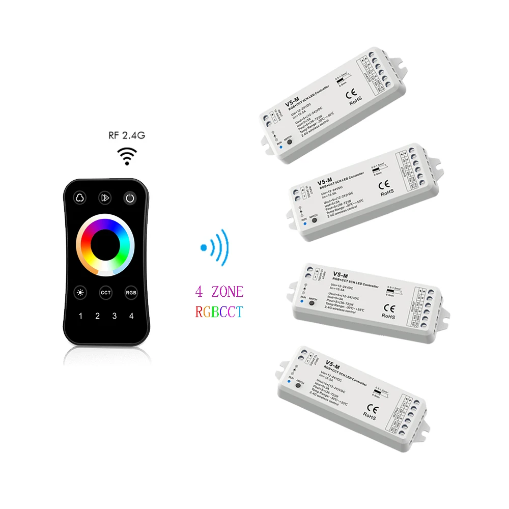 5 CH LED 4-strefowy ściemniacz RF zdalny kontroler LED RGBCCT zestaw do ściemniania pasków ultracienki Touch Wheel 2.4G sterowanie RGBCW DC 12V 24V