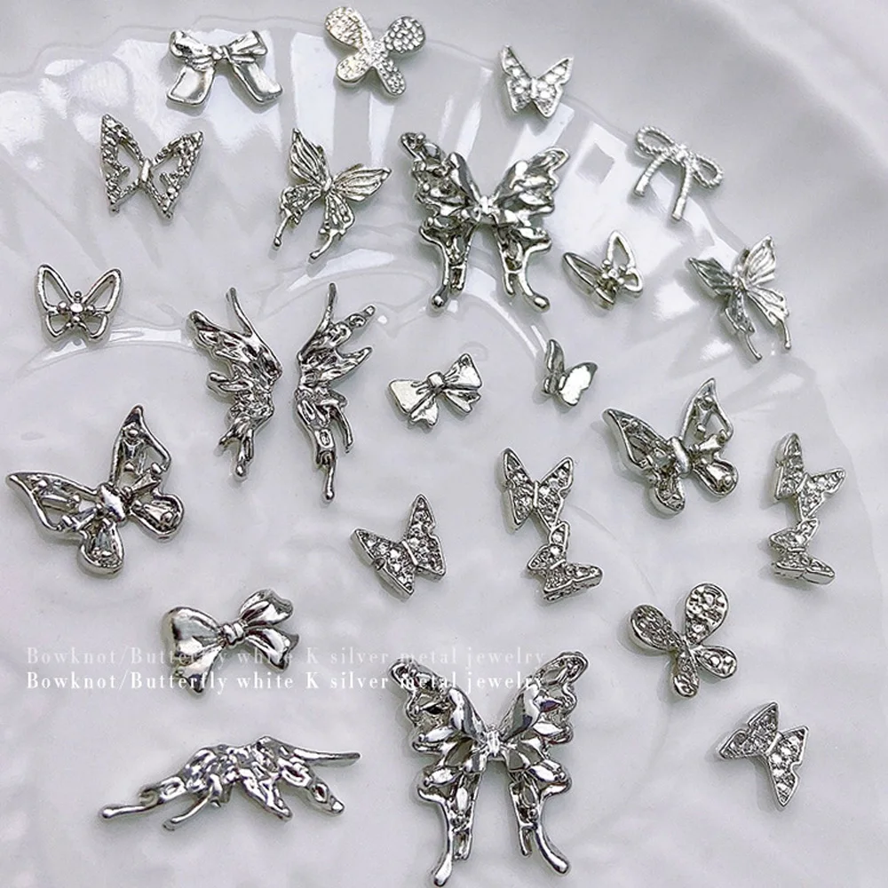 

10pcs/bag Butterfly Shaped Nail Art Charm 3D Alloy Silver Gold Rhinestone Star Flower Nail Jewelry DIY Accessories Nail Supplies