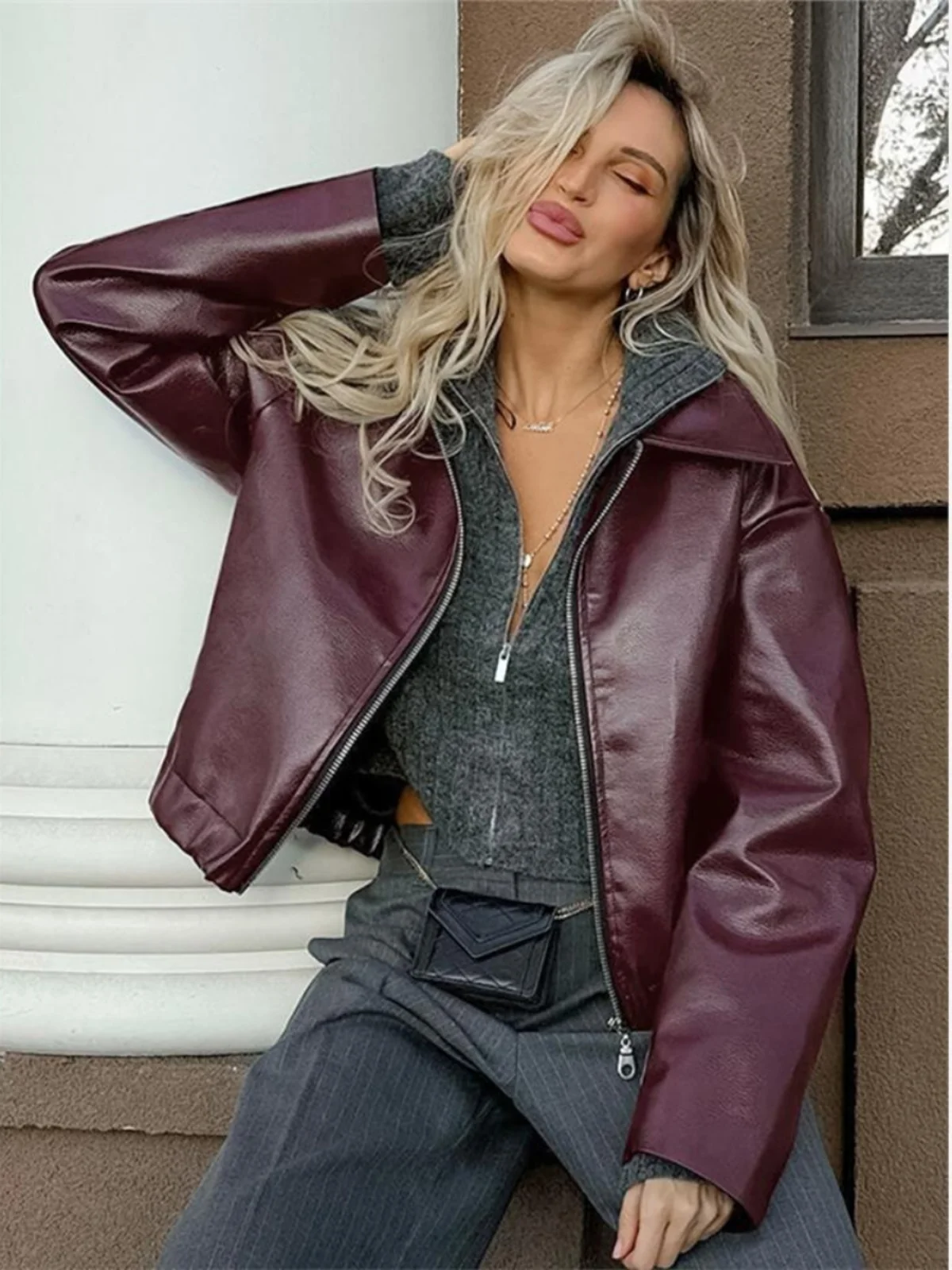 Retro weinroter Leder-Biker-Jacke für Mädchen Street Sle Long Sve Biker-Mantel Personali Einzigartige Damen-Jacke aus PU-Leder
