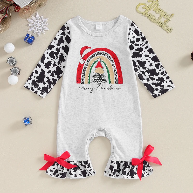 

Adorable Baby Girls Christmas Romper with Rainbow Print and Long Sleeves - Festive Jumpsuit for Newborns and Toddlers