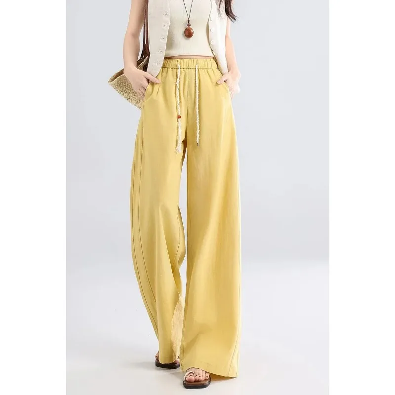 Women's Linen-Look Wide Leg Pants High Waist Casual Loose Straight Trousers