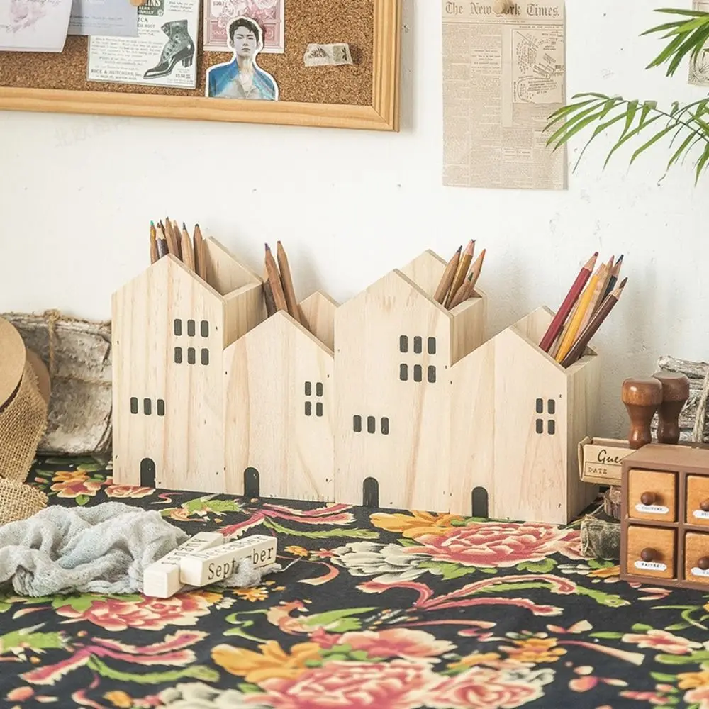 2PCS/Set Cute Wood Pen Holder House-Shape Stationery Storage Box Desktop Ornament Stationery Rack School Office