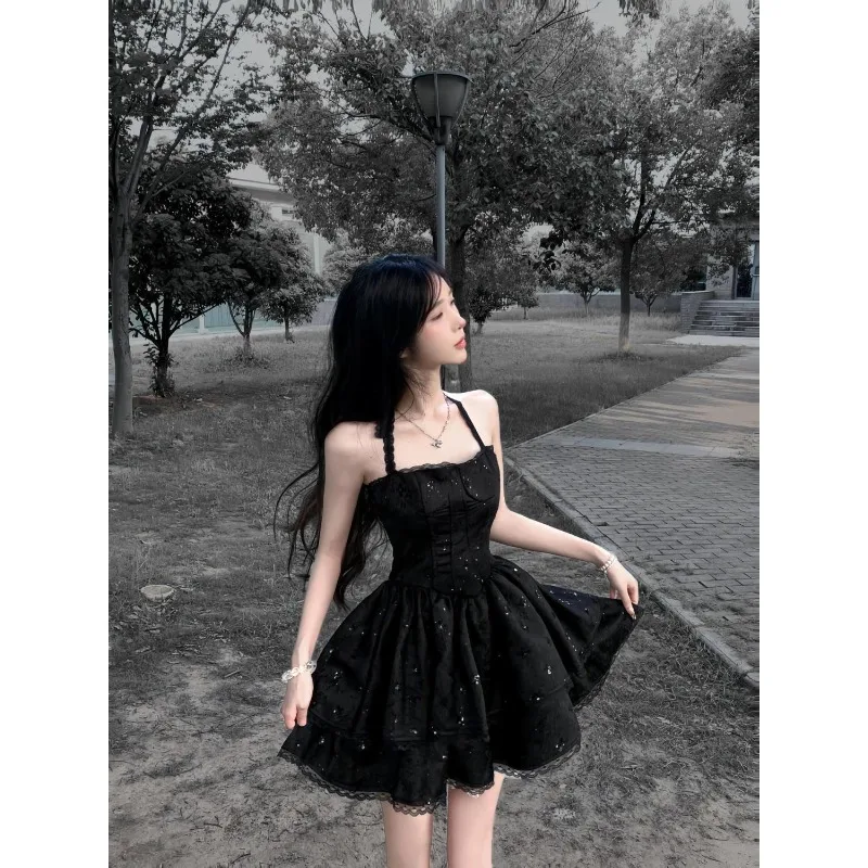 

Summer New Temperament Design Sense Hepburn New High-end Sweet Lace Dress Waist Puffy Suspender Short Skirt Lace Bodysuit