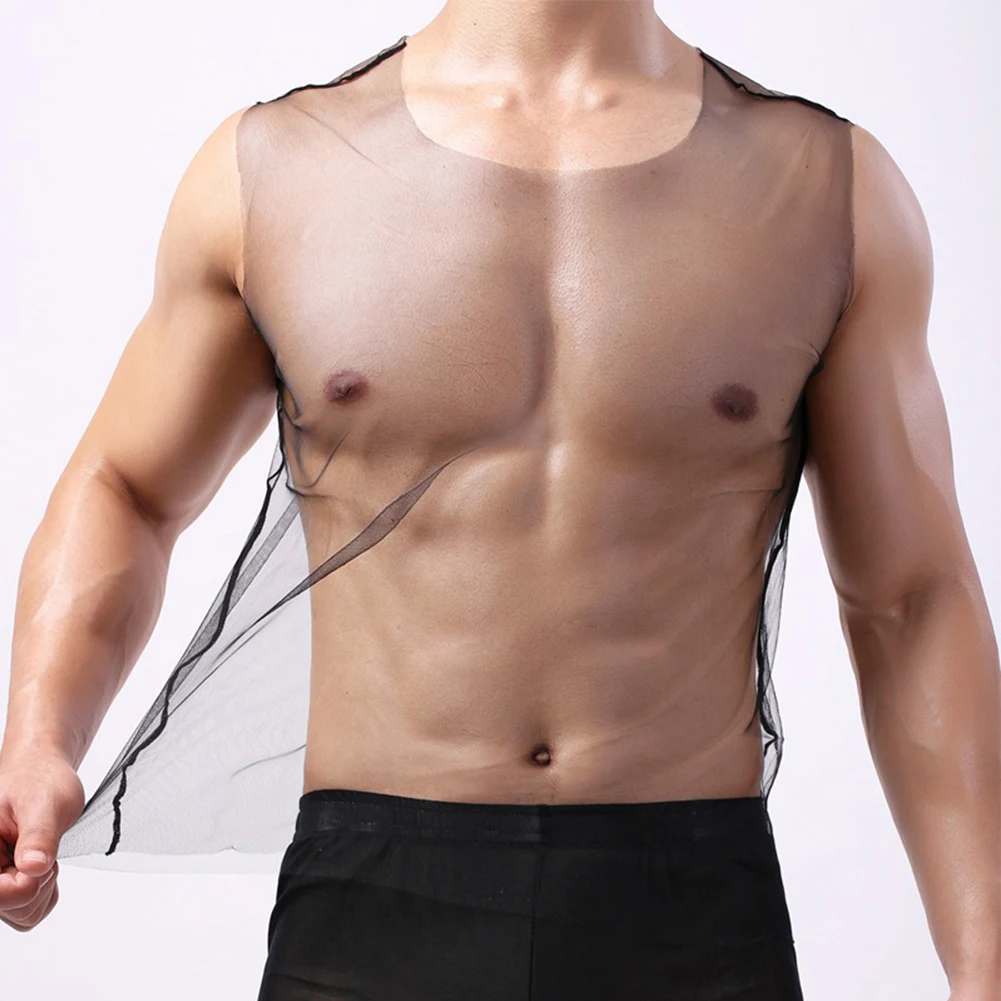 Chaleco Sexy transparente para hombre, camiseta sin mangas de rejilla transpirable, malla de gimnasio, cómoda perspectiva, camiseta elástica para